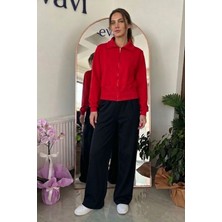 Evavi Kadın Kırmızı Fermuarlı Sweatshirt Ceket ve Siyah Eşofman Altı Takımı