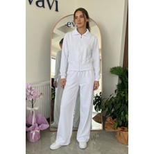 Evavi Kadın Beyaz Fermuarlı Sweatshirt Ceket ve Eşofman Altı Takımı