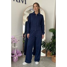Evavi Kadın Lacivert Fermuarlı Sweatshirt Ceket ve Eşofman Altı Takımı