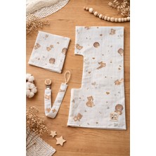 Two Child Çok Amaçlı Çift Katlı Müslin Omuz Örtüsü ,ağız Silme Mendili ve Ahşap Emzik Askısı, 3'lü Set