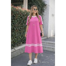 Flamex Kadın Kısa Kollu Bisiklet Yaka Şerit Detaylı Midi Viskon Elbise