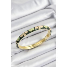 Ronanna Mineli Pirinç Krem ve Yeşil Çiçek Motifli Gold Renk Kadın Kelepçe