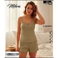 Gamzeli Renklerim Mihra Kaşkorse Ip Askılı Şortlu Pijama Takımı Gecelik Haki Slim Fit