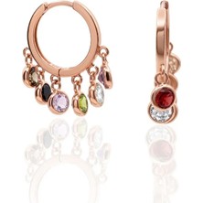 Oya Silver Çoklu Renkli Yuvarlak Zirkon Sallantılı Ince Rose Gümüş Halka Küpe 2.5 x 2 CM[OYSY288]