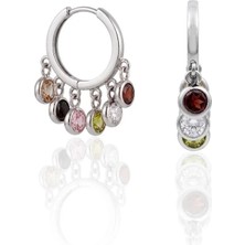 Oya Silver Çoklu Renkli Yuvarlak Taşlı Sallantılı Ince Gümüş Halka Küpe 2 x 1.8 cm [OYSY291]