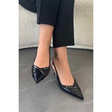 Büşracan Evelyn Arkası Açık Tokalı Deri Stiletto Siyah