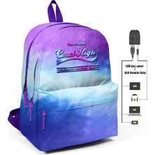Coral High Mor - Mavi Üç Gözlü Okul Sırt Çantası USB ve AUX Çıkışlı Su Geçirmeyen Kumaş 30 x 44 x 18 cm