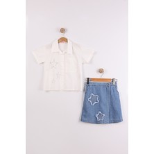 Joy Kids Kız Çocuk %100 Pamuk Taş Baskılı Şort Etek Takım (8-12YAŞ) (Beyaz-Kot)