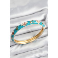 Ronanna Mineli Pirinç Mavi Çiçek Motifli Gold Kadın Kelepçe