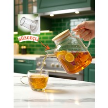 Kry Cam Bambu Kapaklı Borosilikat Demlik & Sürahi – 1800 ml Metal Kapaklı Bitki Çayı Demliği