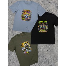 Pidal Giyim Pamuklu ve Yumuşak Dokulu Üçlü Avantajlı Paket Renkli Baskılı Kısa Kollu Erkek Çocuk Tişört