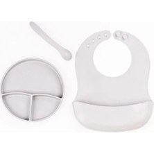 Ronanna Gri 3’lü Silikon Yemek Seti – Önlük + Diş Kaşıyıcılı Kaşık + Vakumlu Tabak