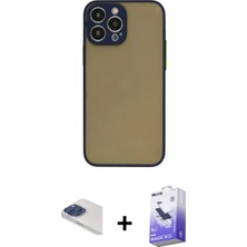 Marsilyan™- iPhone 13 Pro Max Kılıf Ahenk Çizgi Serisi - Siyah Bilvis 5in1 5d Magic Hayalet Cam Ekran Koruyucu + Lacivert Pers Alüminyum Kamera Lens