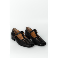 E.R.S Air Comfort Siyah Hakiki Deri Örgülü Kare Burunlu Şık Atkılı Babet