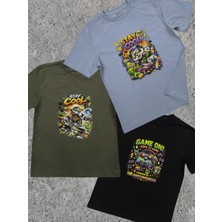 Pidal Giyim Yumuşak Dokulu Pamuklu Üçlü Avantaj Paket Renkli Baskılı Kısa Kollu Erkek Çocuk Tişört