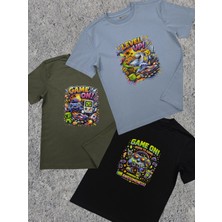 Pidal Giyim Yumuşak Dokulu Pamuklu Üçlü Avantajlı Paket Gamer Temalı Kısa Kollu Erkek Çocuk Tişört