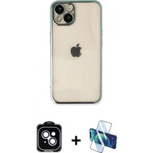 Marsilyan™- iPhone 14 Kılıf Vadi Minimal - Siyah 3D Antistatik Cam Ekran Koruyucu + Mavi Pvd Metal Kamera Lens