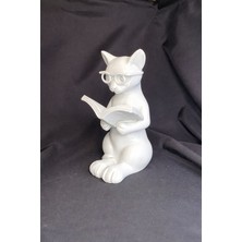 Paiplay Kitap Okuyan Kedi - Dekoratif Kitap Okuyan Kedi Modeli - Beyaz