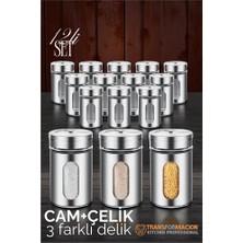Ronanna Hsnet Cam+Çelik Tuzluk Biberlik Karabiberlik 3 Farklı Delikli 12 Li Set