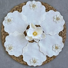 Mora Tekstil 6 Adet Çiçek Broşlu Simli Ipli Nakışlı Sunum Peçetesi, Kahve Sunum Peçetesi,leke Tutmaz Kumaş