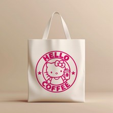 Hobi Hediye Hello Coffee Karakter Tasarımlı Pembe Baskılı Bez Çanta