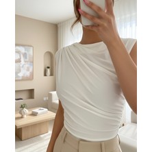 Moda Morfo Bisiklet Yaka Sıfır Kol Sandy Tişort -Beyaz