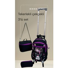 Rowan Çanta 2 Kademeli Çekcekli Tekerlekli Karekter Desenli Portatif 3'lü Set Siyah Ilkokul Sırt Çantası