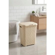 Saban Bej, Plastik Hasır Desenli Kapaklı Çamaşır Sepeti – 55x43x33cm