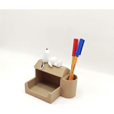 Perim3d Snoopy Notluk Standı - Kalemlikli Kulübe Tasarımlı Masaüstü Not Kağıdı Tutucu - Açık Kahve