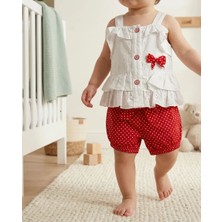Mutlu Bebe Bulvar Kız Bebek %100 Pamuklu Kırmızı Puantiyeli Fisto Nakışlı Şortlu Takım - 3'lü Set (Bandana Hediyeli)