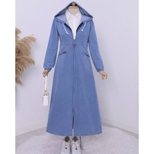 Moda Morfo Mavi Kapşonlu Kot Kap Kadın Yan Cepli Lastikli Pamuk-Polyester Ürün