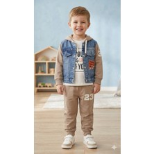 Minimal Baby Erkek Çocuk 3’lü Takım - Denim Yelekli, Kapüşonlu Sweatshirt ve Alt Eşofman Seti
