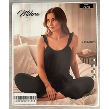Gamzeli Renklerim Kaşkorse Siyah Fırfır Detaylı Askılı Takım - Alt Uzun Üst Askılı Kadın Pijama Takımı