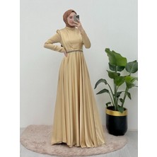 Moda Morfo Beli Plise Detaylı Önü Çift Kat Saten Abiye  -Sarı