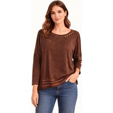 Jüji Füme Yıkamalı Boncuk Detaylı  Bordo Vintage Bluz / Uzun Kollu T-Shirt