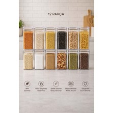 Evolis Kitchen EVOLIS KİTCHEN Etiketli 12'li Akrilik Vakumlu Kare Baharatlık Seti 350 ml Sızdırmaz Kapaklı Baharatlık Takımı