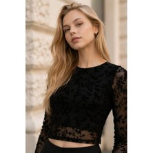 Modeva Global Kadın Siyah Uzun Kollu Bisiklet Yaka Dantel Işlemeli Transparan Tül Şık Crop Bluz