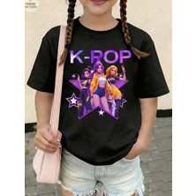CC Collection Kız Çocuk K-Pop Baskılı Tişört Siyah Pamuklu 3-12 Yaş Trend Tshirt