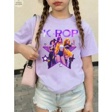 CC Collection Kız Çocuk K-Pop Baskılı Tişört Siyah Pamuklu 3-12 Yaş Trend Tshirt