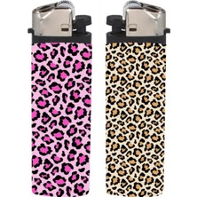 Huggy Craft Leopar Kahverengi & Pembe Baskılı 2'li Klasik Çakmak, Tekrar Doldurulabilir