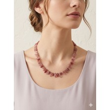 [ehm] Çilek Kuvars Doğal Taş & Hematit Detaylı Paslanmaz Çelik Kadın Kolye