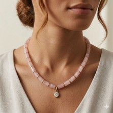 [ehm]pembe Kuvars Doğal Taş, Hematit Detay & Kristal Uçlu Paslanmaz Çelik Özel Tasarım Kadın Kolye