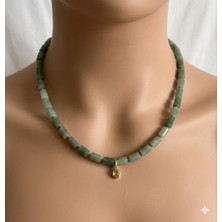 [ehm] Aventurin Doğal Taş Kolye Hematit Su Damlası Lal Uçlu Gold Çelik Aparatlı Özel Tasarım Kadın Kolye