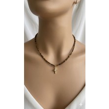 [ehm]kaplan Gözü Doğal Taş Kolye Hematit Detaylı Altın Kaplama Uçlu Çelik Aparatlı Gold Kadın Kolye