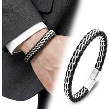 Moncuk Design Çift Zincir Çelik ve Deri Bileklik 33514B2D2