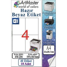 ArtMaster A4 Hazır Beyaz Etiket 105X148.5MM 10 Sayfa 1 Paket 4 Lü Kendinden Yapışkanlı Fotokopi Lazer Inkjet Kağıdı Yazıcılar Için