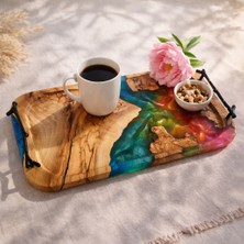 Lesawood Epoksi ve Zeytin Ağacı Doğal Kenarlı Sunum Tepsisi, Özel Tasarım Dekoratif Sunumluk - 45X25CM