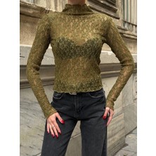 MetuCa Kadın Haki Yarım Balıkçı Yaka Uzun Kollu Dar Kalıp Transparan Fisto Dantel Bluz