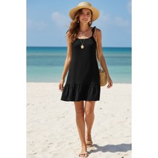 Zenvia Kadın Siyah Askılı Bol Kesim Fırfırlı Plaj Elbisesi ZNV-IMD34