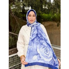 MetuCa Mavi Sulu Boya Çiçek Desenli Yumuşak Dokulu Pamuklu Bambu Şal